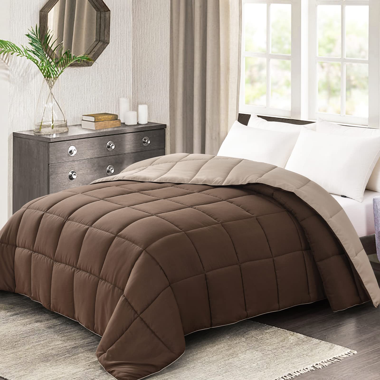 Homelike Moment King Lightweight Comforter Brown - All Season Down Alternative Bed Comforter Summer Duvet Insert Quilted Reversi